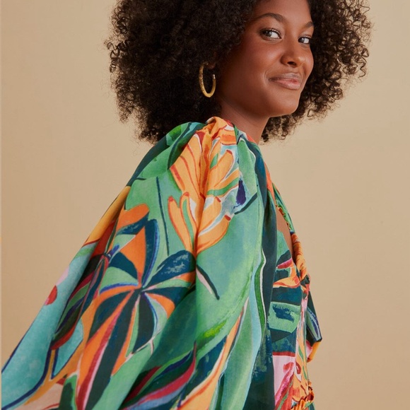 Farm Rio Multicolor Banana Foliage Puff Sleeve Midi Dress - Picture 8 of 12